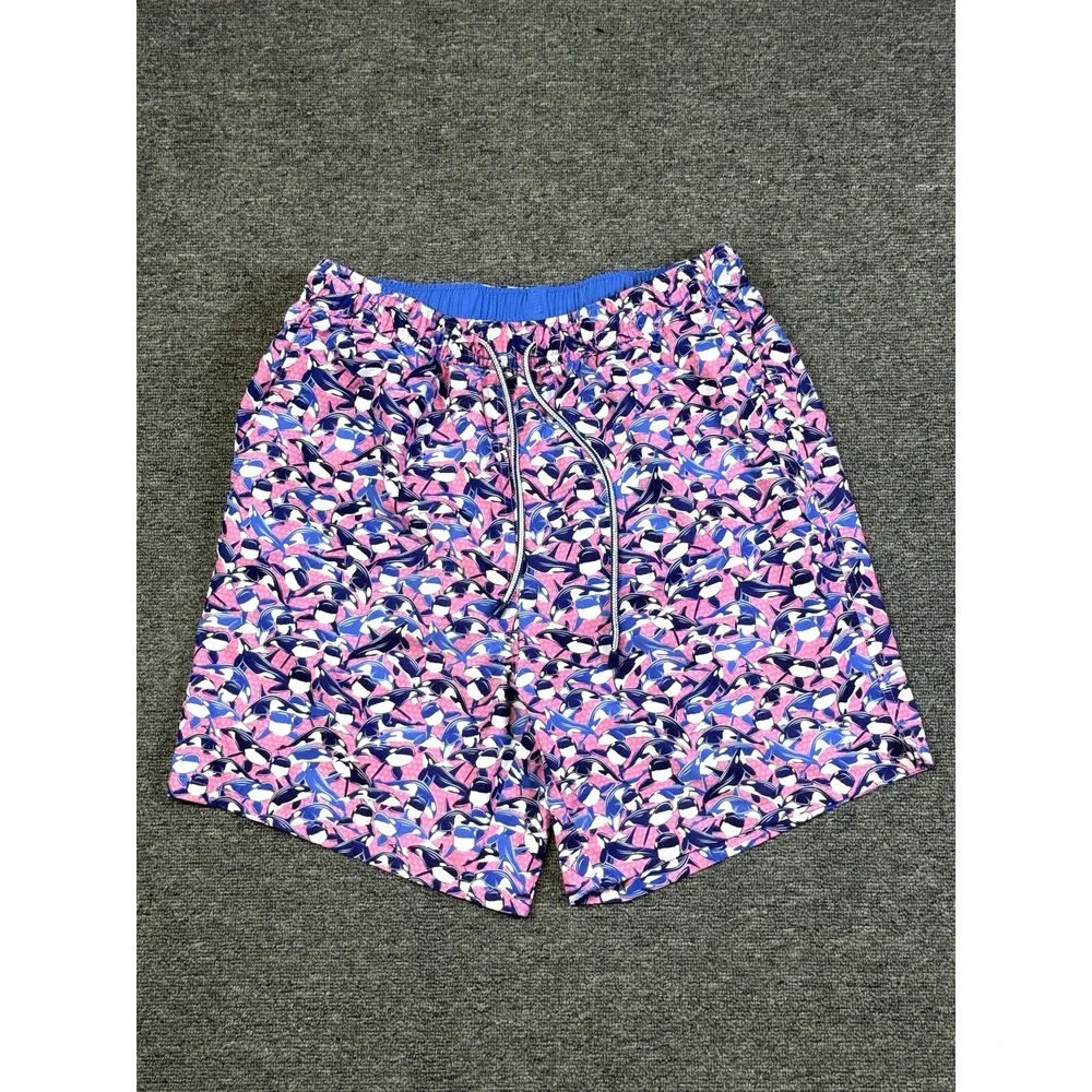 Peter Millar Seaside Mens Swim Trunks Medium Pink & Blue Orca Print Beach Surf